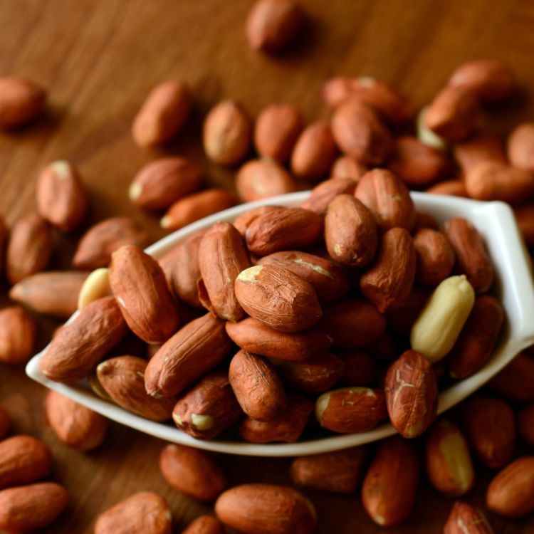Amendoim-Beneficios-5 A imagem mostra uma pilha de amendoins com cascas marrom-avermelhadas, alguns descascados revelando o interior branco, em um prato branco sobre uma superfície de madeira. A textura rugosa dos amendoins contrasta com a superfície lisa do prato e da mesa.
