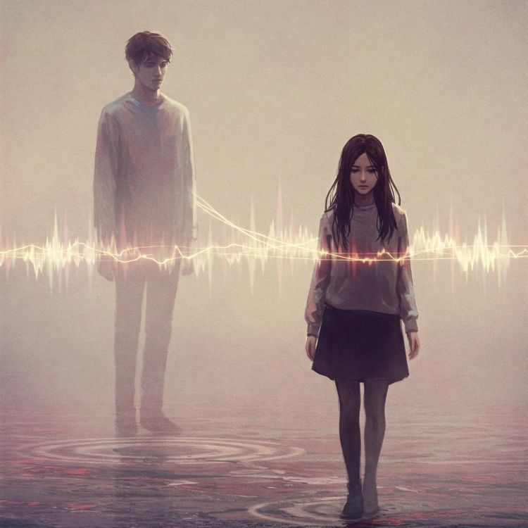 Reencontros-Eduardo-Bicudo-2 Uma jovem caminha com expressão séria, conectada por uma linha de energia luminosa a um homem atrás dela. Ambos estão cercados por névoa, em um ambiente melancólico, refletindo emoções ou ligação misteriosa entre os dois.