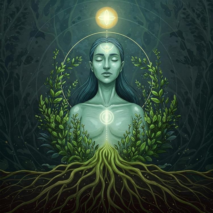 Reencontros-Eduardo-Bicudo-1 Ilustração mística de mulher de olhos fechados, cercada por folhagens que crescem em harmonia com raízes conectadas ao solo. Luzes emanam de seu peito e testa, simbolizando conexão espiritual, equilíbrio com a natureza e energia transcendental.