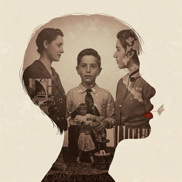 Padroes-Repetitivos-De-Comportamento-5 Silhueta de um rosto feminino com fotos antigas sobrepostas, retratando uma família. A imagem mistura memórias de infância, relações familiares e herança emocional, simbolizando o impacto do passado na formação da identidade e nos padrões inconscientes.