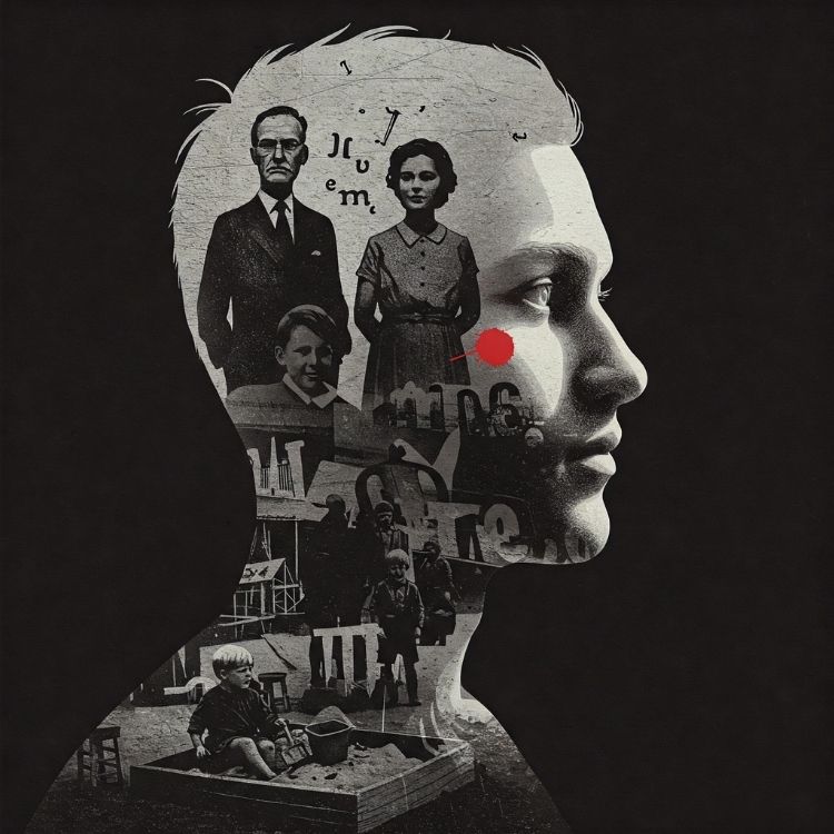 Padroes-Repetitivos-De-Comportamento-3 Silhueta de um rosto humano com memórias impressas, incluindo figuras familiares, uma criança brincando e cenas antigas. A composição simboliza o impacto do passado, relações familiares e experiências da infância na construção da identidade e padrões inconscientes.