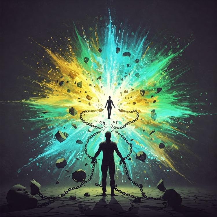 Padroes-Repetitivos-De-Comportamento-4 Silhueta de uma pessoa acorrentada, com correntes se rompendo e energias explosivas em verde e amarelo ao fundo, simbolizando a libertação de padrões limitantes, transformação interna e o despertar do potencial humano para a autenticidade e evolução pessoal.