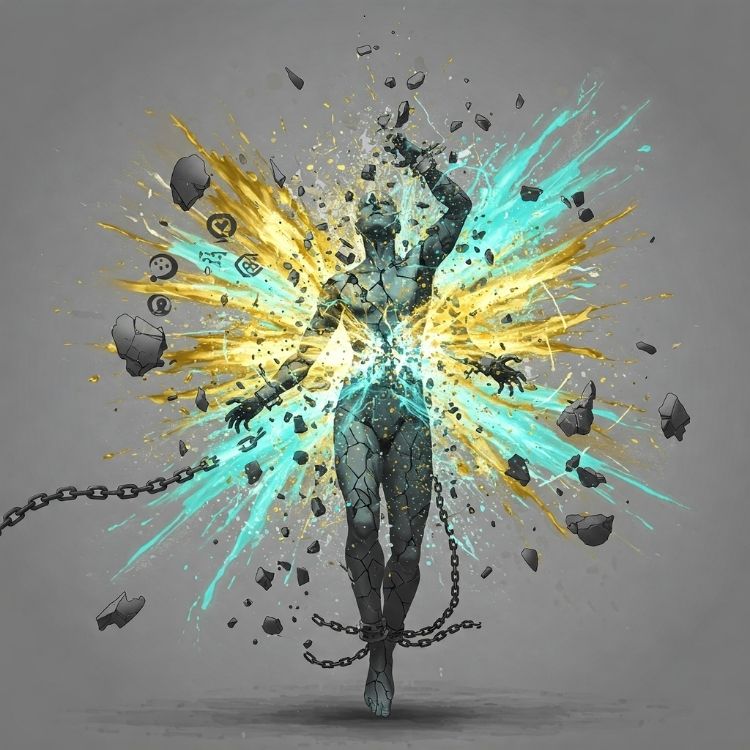 Padroes-Repetitivos-De-Comportamento-1 Figura humana se libertando de correntes, com explosões de luz azul e amarela ao fundo e fragmentos de pedra caindo. A imagem representa a quebra de padrões limitantes, simbolizando transformação, autoconhecimento e superação de barreiras internas e emocionais.