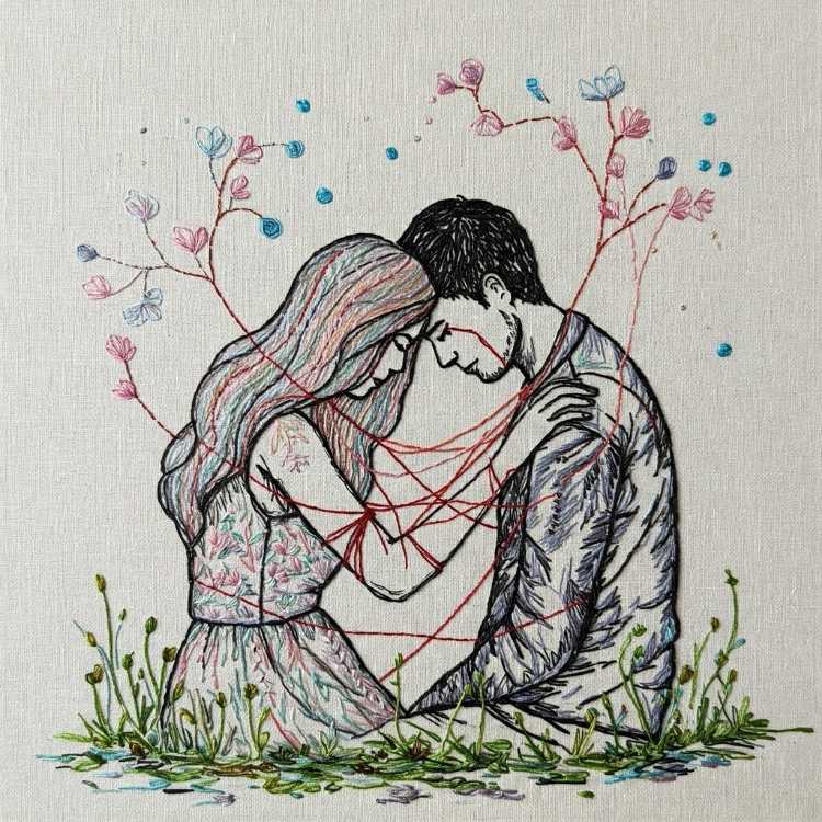 Eduardo-Bicudo-Relacionamento-2 Bordado colorido em fundo bege retrata um casal sentado, com as testas encostadas, conectados por fios vermelhos. Flores e plantas brotam ao redor, simbolizando ligação, vulnerabilidade e crescimento. Atmosfera delicada com linhas fluídas entrelaçando amor e cura emocional.