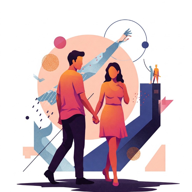 Ciume-1 Desenho de homem e mulher de mãos dadas e formas geométricas ao fundo