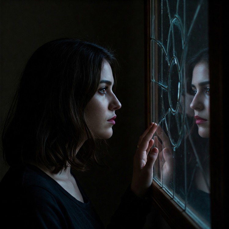 Ciume-2 Mulher de pele clara se vendo e tocando em vidro quebrado