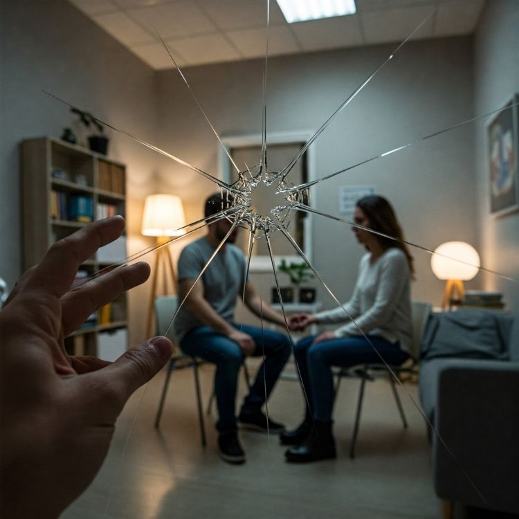 Idealizacao-No-Relacionamento-2 Mão próxima a um vidro estilhaçado em primeiro plano foca em um casal sentado ao fundo. Eles se encaram, segurando as mãos. A sala é iluminada por abajures, com estantes, sofá e decoração neutra ao redor.