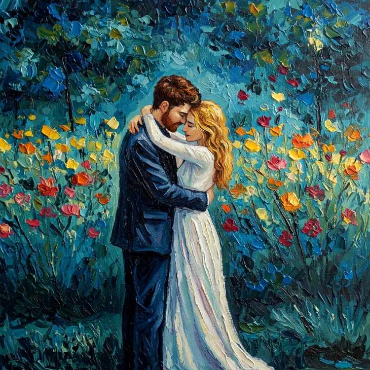 Idealizacao-No-Relacionamento-1 Pintura retrata um casal em um abraço íntimo. O homem veste um terno azul, a mulher, um vestido branco. Eles estão cercados por flores coloridas vibrantes, com tons de azul e verde no fundo, criando uma atmosfera romântica.