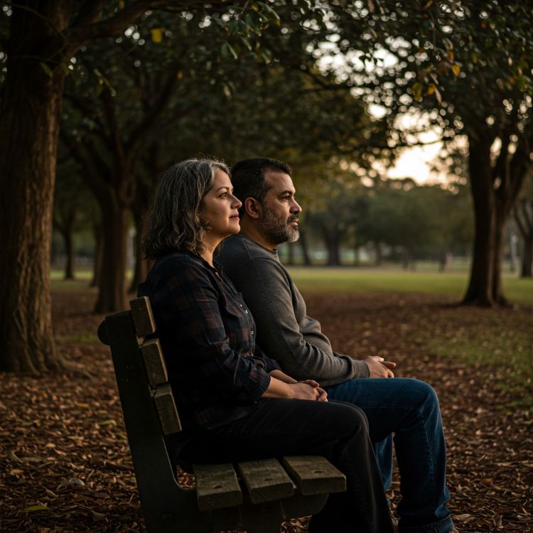 Silencio-1 Homem e mulher de pele clara com vestimentas escuras, sentados em banco no jardim