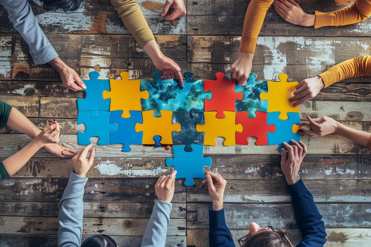 Crise-Em-Oportunidade-8 Várias mãos colaboram para montar um quebra-cabeça colorido sobre uma mesa rústica de madeira. As peças representam trabalho em equipe, união e cooperação para alcançar um objetivo comum, simbolizando a construção de soluções em conjunto.