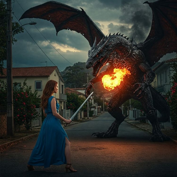 Movimento-Psicanalise-3 Uma mulher de vestido azul, segurando uma espada, está em uma rua com casas, enfrentando um grande dragão negro com asas abertas, que cospe fogo. O céu está nublado, e o cenário parece ser ao entardecer ou noite.