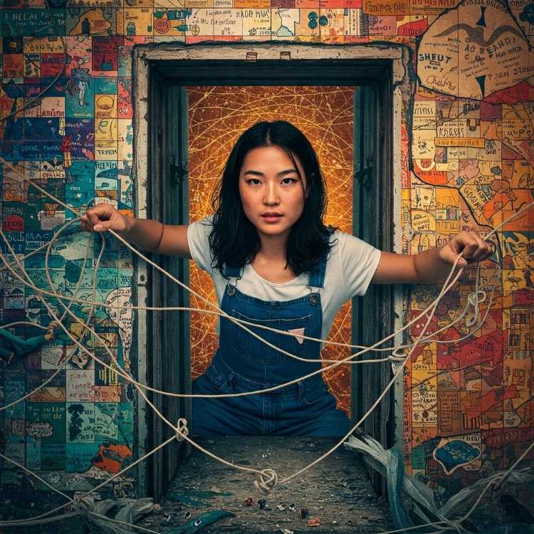 Movimento-Psicanalise-2 Uma jovem com cabelos escuros e roupas de ganga (macacão e camiseta branca) está emoldurada por uma porta, olhando diretamente para a câmera. Ao seu redor, as paredes são decoradas com uma colagem colorida, e há fios brancos emaranhados em suas mãos.