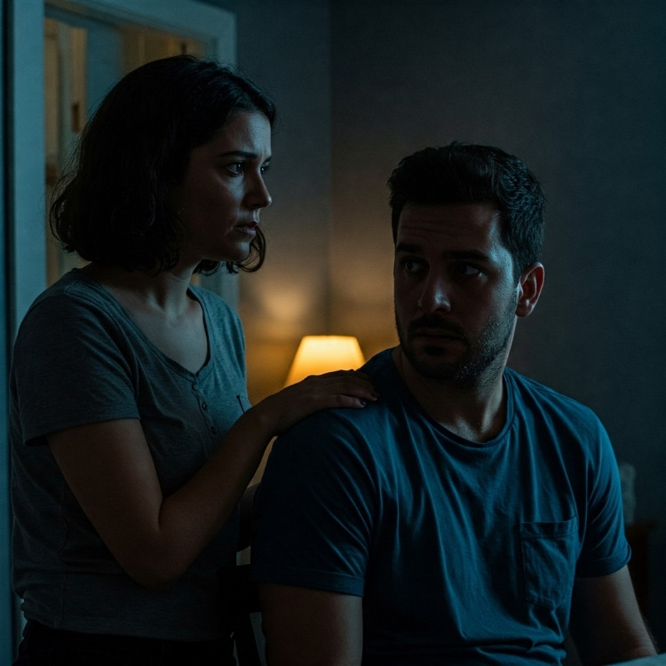 Irritacao-2 Foto escura de homem de costas para mulher, que repousa as mãos sobre os ombros do homem