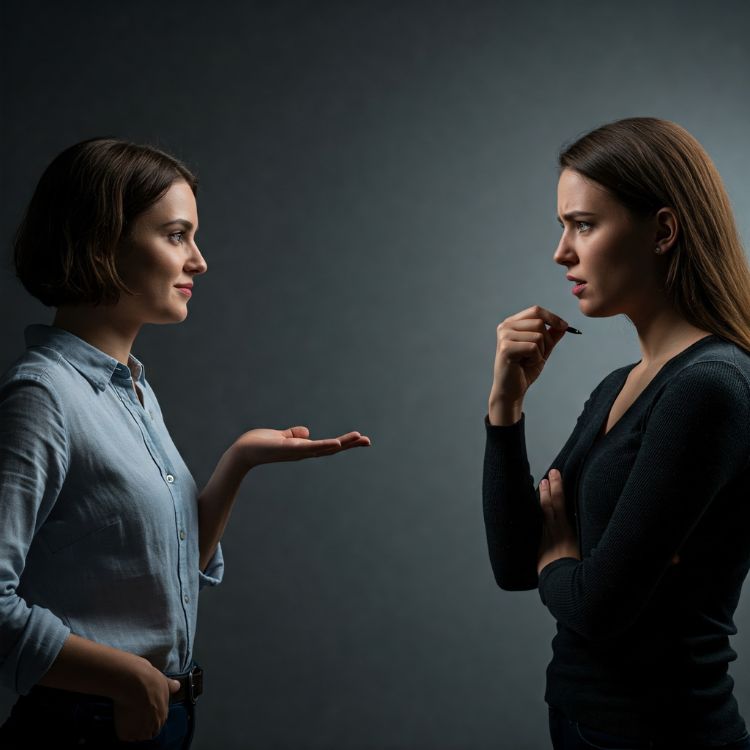 Assertividade-No-Relacionamento-3 Duas mulheres jovens em estúdio escuro. Uma gesticula com a palma da mão aberta, sorrindo gentilmente. A outra, de braços cruzados, parece pensativa ou confusa, com o indicador no queixo e olhar preocupado.Fontes