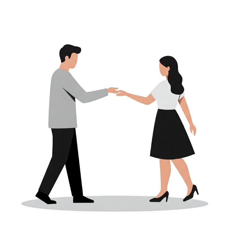 Assertividade-No-Relacionamento-2 Desenho minimalista de um homem e uma mulher se cumprimentando ou dançando. O homem veste camisa cinza e calça preta; a mulher, blusa branca e saia preta. Ambos estão em um fundo branco, com sombras discretas.Fontes