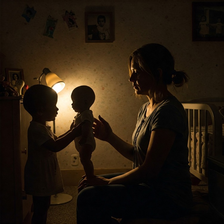 Falta-Relacionamento-1 Imagem de mulher e criança brincando de boneca com luz focal amarela