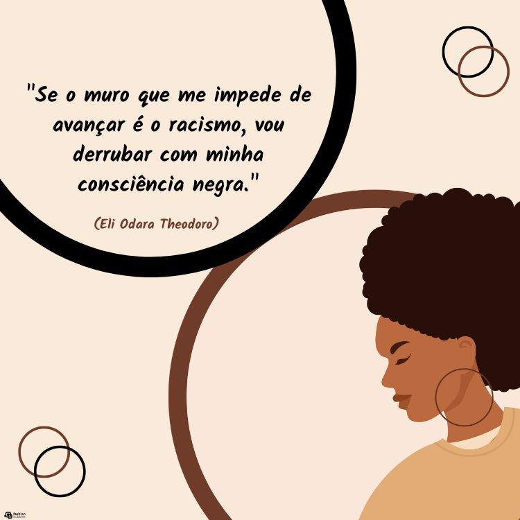Frases-Vozes-Negras-5 Cartão virtual de fundo bege com desenho de mulher de pele negra e frase "Se o muro que me impede de avançar é o racismo, vou derrubar com minha consciência negra." (Eli Odara Theodoro)
