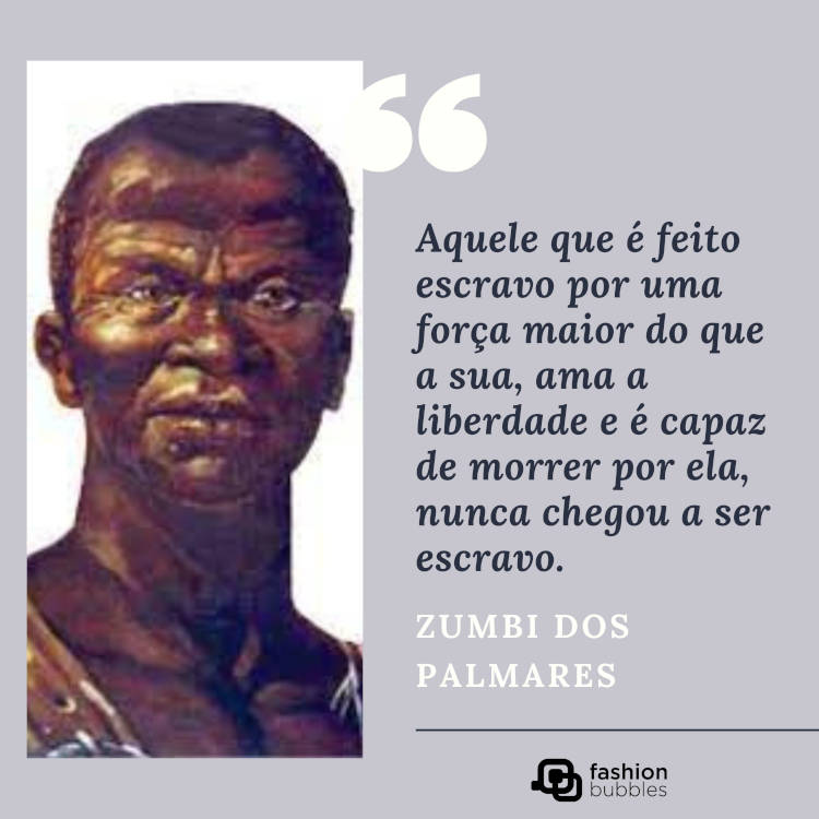 2-Vozes-Negras Cartão virtual cinza com foto de homem negro e frase "3."Aquele que é feito escravo por uma força maior do que a sua, ama a liberdade e é capaz de morrer por ela, nunca chegou a ser escravo." (Zumbi dos Palmares)