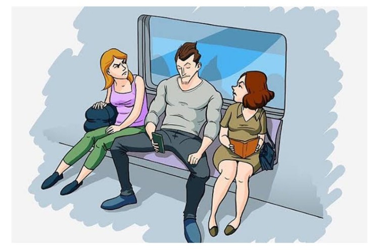 Manspreading-1 Ilustração de um homem de pernas abertas no transporte público ao lado de duas mulheres incomodadas