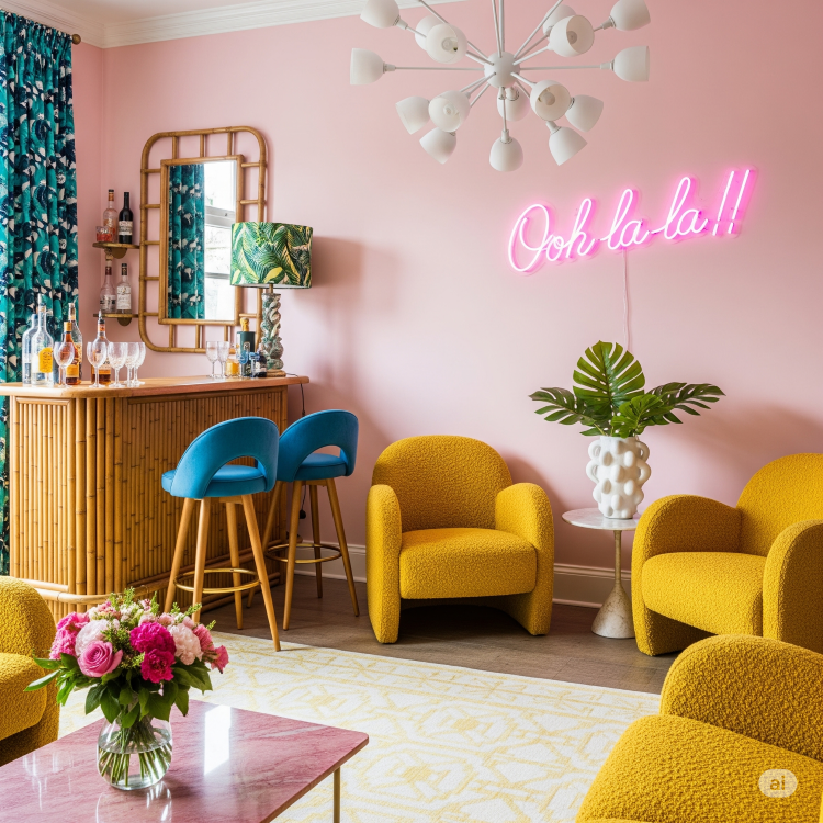 Letreiro-Neon-16 Uma sala de estar com paredes rosa. Um letreiro de neon rosa diz "Ooh la la!!". Há cadeiras amarelas estofadas, um balcão de bambu com banquetas azuis e uma mesa de mármore rosa com flores.