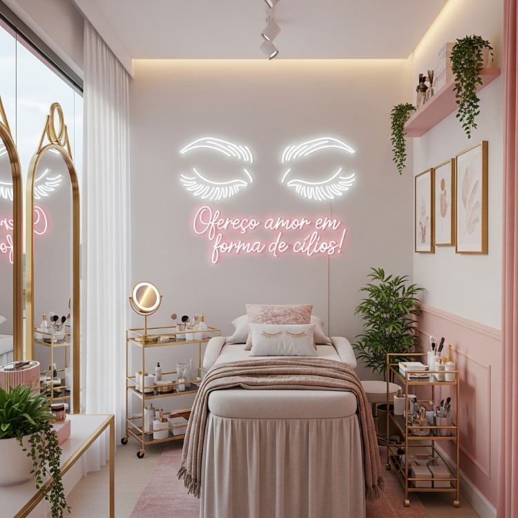 Letreiro-Neon-Led-Comerciais-2 Uma sala de estética com paredes cor-de-rosa pastel e toques dourados. Um letreiro de néon em forma de olhos e a frase "Ofereço amor em forma de cílios!" ilumina uma cama de tratamento. Há carrinhos dourados com produtos, um espelho oval e plantas.