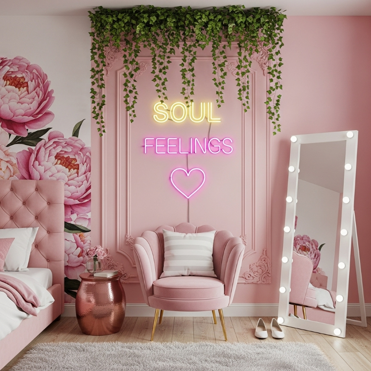 Letreiro-Neon-9 Um quarto predominantemente rosa com uma cama estofada, uma poltrona, uma mesa lateral dourada, um espelho e um letreiro de neon que diz "SOUL FEELINGS" sobre um coração. A decoração inclui papel de parede floral e plantas suspensas.