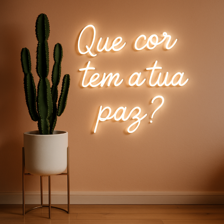 Letreiro-Neon Uma parede rosa-claro com um letreiro de neon branco que diz "Que cor tem a tua paz?". À esquerda, há um cacto alto em um vaso branco, apoiado em um suporte dourado. A luz do letreiro ilumina sutilmente a parede.