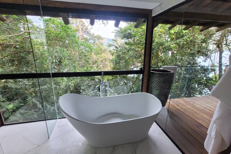 Pretty-Jet-4 Banheira moderna em um banheiro com vista panorâmica para a mata exuberante. O espaço combina elementos rústicos, como a madeira, com toques de luxo e janelas que integram o ambiente à natureza.