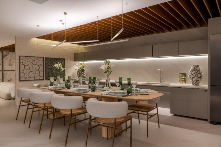 13-Cozinhas-Modernas-Decoradas Foto de cozinha moderna decorada com mesa de jantar grande no centro