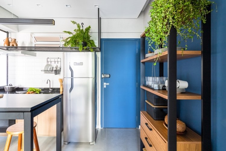 2-Kitnet-De-33-M2 Foto de cozinha de kitnet de 33 m² decorada com plantas e em tons de azul
