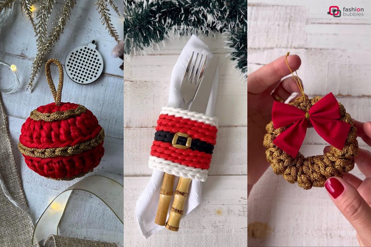 Croche-De-Natal-Passo-A-Passo Montagem com 3 ideias de crochê para Natal: bola de enfeite, porta guardanapo e talheres e enfeite mini-guirlanda