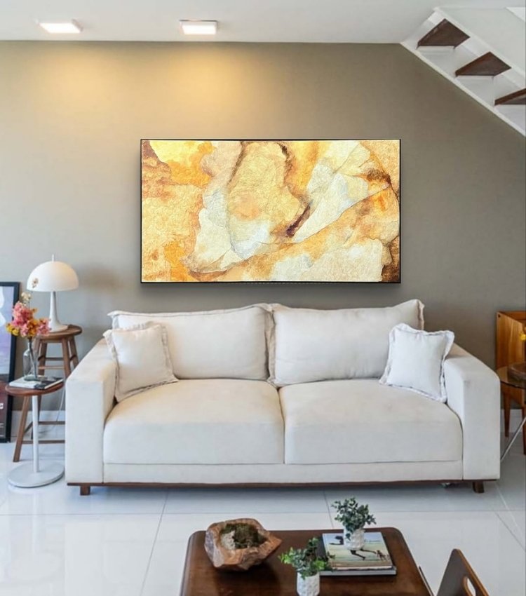 8-Amarelo-Tendencia-Decoracao-2026-1 Sala decorada com quadro do artista plástico Adielson Rodrigues em tons de amarelo, cor tendência da decoração para 2026