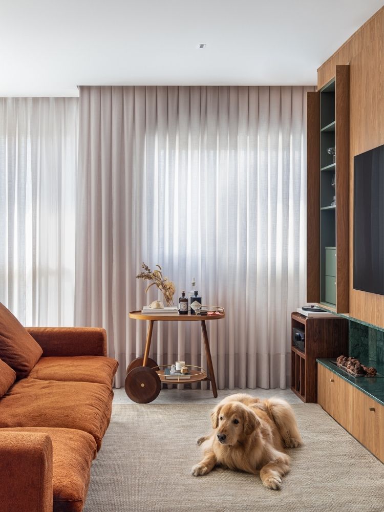 Apartamento-Decorado-De-170M2-7 Sala de TV com sofá terracota, Golden Retriever no tapete bege e carrinho bar ao fundo
