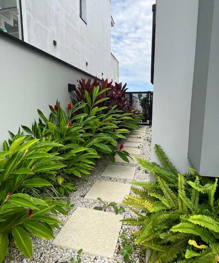 Pedras-Para-Jardim-7 Caminho de jardim com pedra brita e plantas ao redor