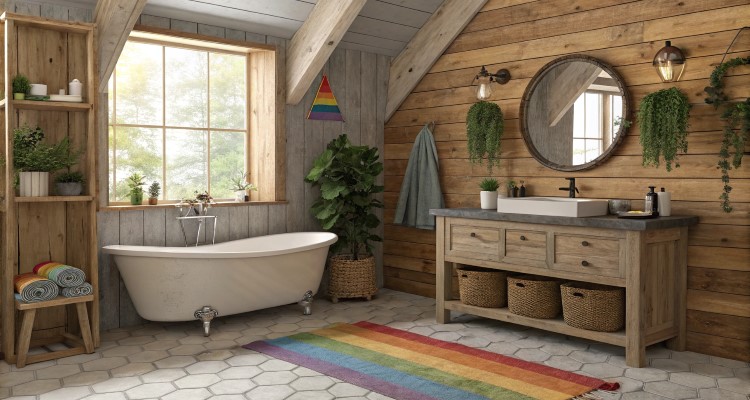 Decoracao-Casa-Lgbtqia-1 Banheiro rústico com parede de madeira, banheira branca com pés metálicos, pia em bancada de madeira, espelho redondo, plantas decorativas, janela grande iluminada, tapete arco-íris e toalhas coloridas. Ambiente aconchegante com luz natural e detalhes harmônicos.