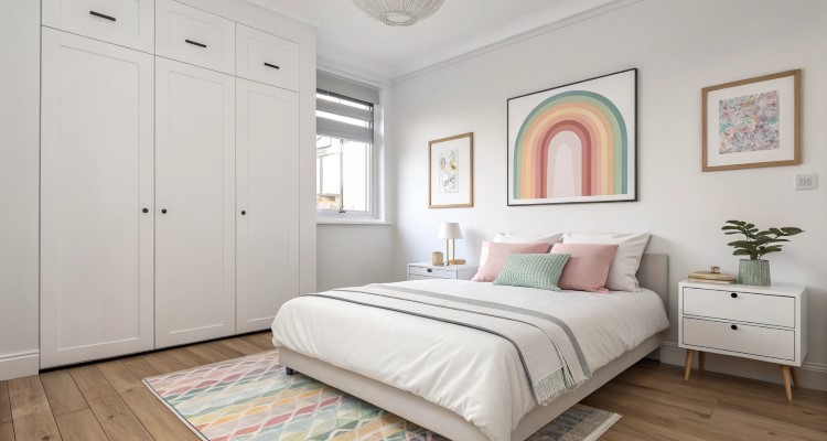 Decoracao-Casa-Lgbtqia-5 Quarto moderno e minimalista com cama de casal decorada com almofadas pastel, criado-mudo branco com luminária e planta. Parede branca com quadros coloridos, incluindo arco-íris. Piso de madeira, tapete geométrico multicolorid