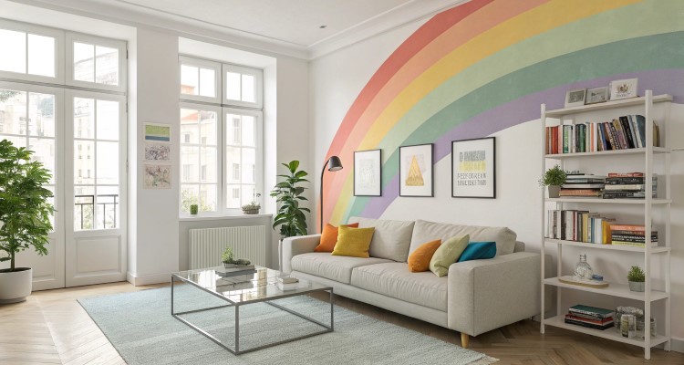 Decoracao-Casa-Lgbtqia-3 Sala de estar iluminada com parede decorada por arco-íris, sofá bege com almofadas coloridas, mesa de centro de vidro, estante branca com livros e plantas. Grandes janelas trazem luz natural, criando um ambiente vibrante, acolhedor e harmonioso.