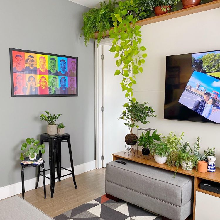 Decoracao-Lgbt-Sala-Quadro Sala de estar com sofá cinza, puff cinza, aparador de madeira, plantas e quadro com cores da bandeira LGBTQIA+