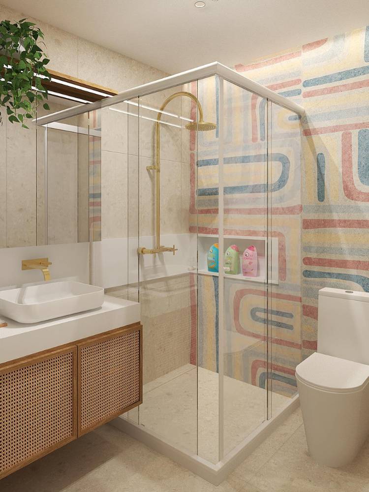 Decoracao-Lgbt-Banheiro-2 Banheiro em branco e madeira com azulejos de arco-íris claros no box e atrás do vaso sanitário