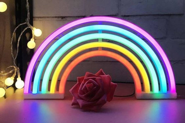 Luminária Acesa Da Bandeira Lgbtqia+. Luminária de arco-íris com lâmpadas de corda ao redor e flor ao meio