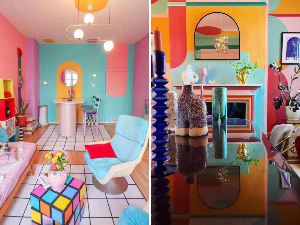 Capa-14 Montagem com duas fotos que aparecem na matéria, de duas salas coloridas, com paredes coloridas e decorações nas cores da bandeira LGBTQIA+