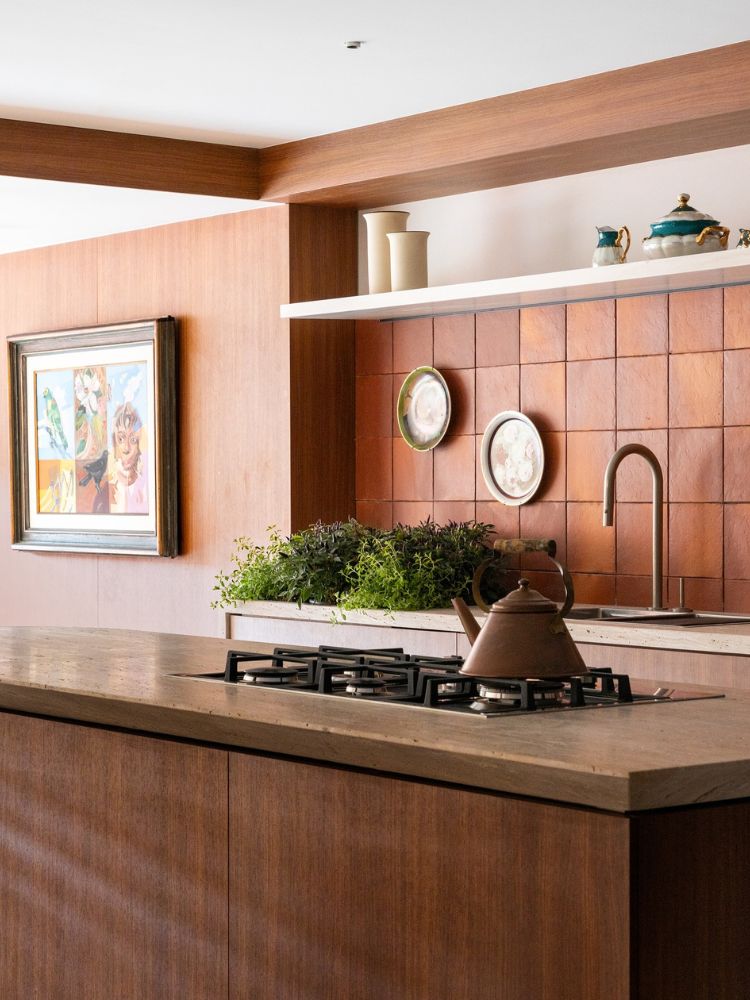 Horta-Em-Apartamento-13 Cozinha marrom com horta embutida na pia