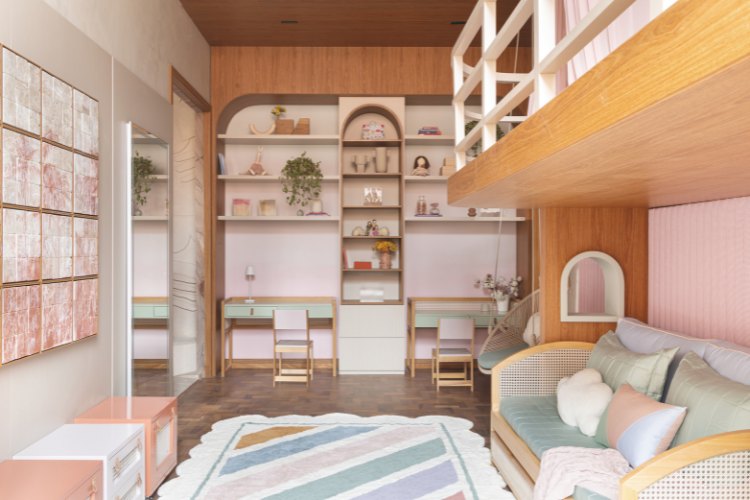 Casacor-Sao-Paulo-2025-10 Quarto infantil em tons pastéis e com móveis de madeira, detalhes em nuvens e tapete colorido