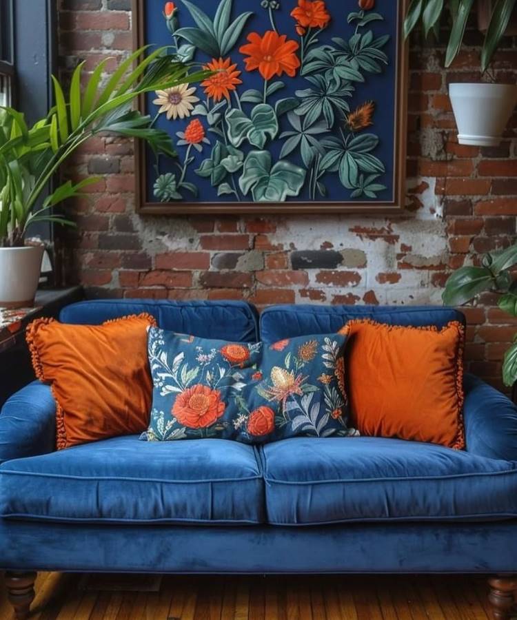 Almofadas-Para-Sofa-5-1 Uma sala vibrante com sofá azul aveludado e almofadas para sala em tons de laranja e florais. A parede de tijolos aparentes exibe uma obra de arte floral em relevo sobre fundo azul. Plantas verdes em vasos decoram o ambiente, criando um espaço acolhedor e com personalidade.