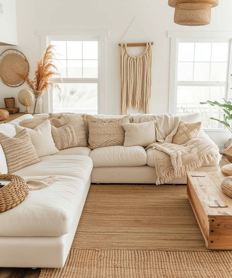 Almofadas-Para-Sofa-8 Uma sala de estar boho-chic com um amplo sofá em L de cor clara, adornado com diversas almofadas para sala e mantas em tons neutros e texturizados. Um tapete de juta e uma mesa de centro de madeira rústica complementam o ambiente. Decorações de parede em macramê e cestaria adicionam charme.