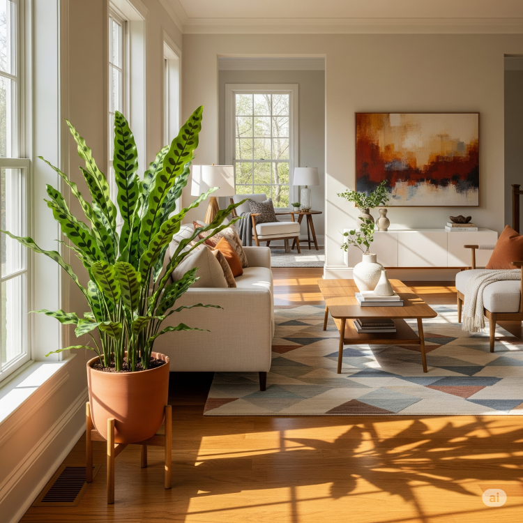 Maranta-Planta-3 Sala de estar moderna com grandes janelas, piso de madeira e tapete geométrico. Uma grande planta calathea em um vaso de terracota sobre um suporte de madeira está em primeiro plano, adicionando um toque vibrante à decoração.