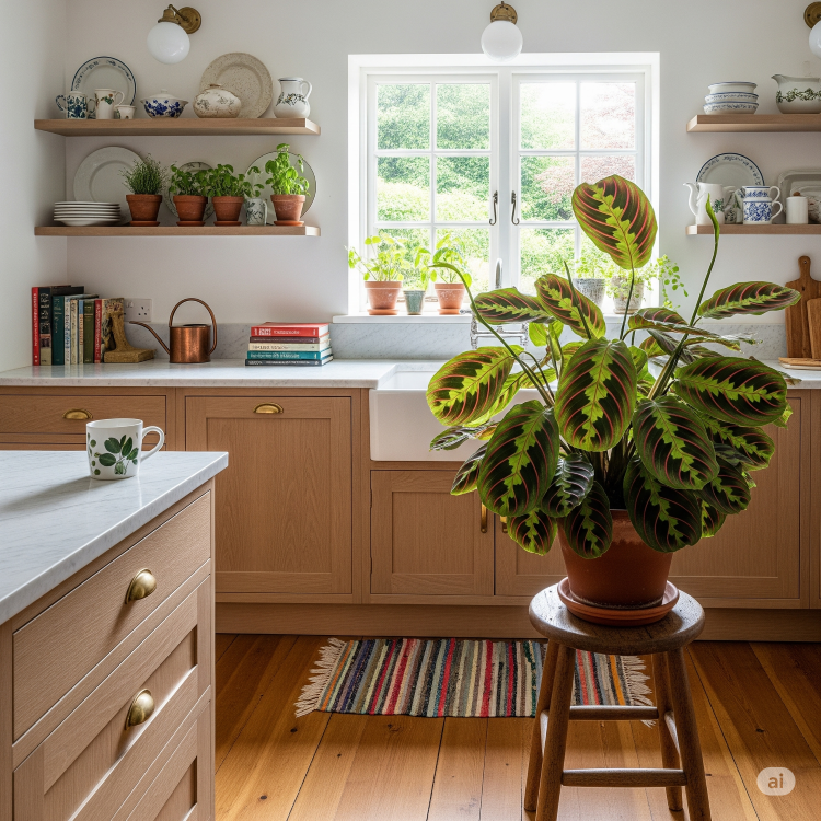 Maranta-Planta-6 Cozinha rústica com armários de madeira, bancada de mármore e prateleiras. Em primeiro plano, uma grande planta Maranta de folhas ovais e desenhos roxos está em um vaso de terracota, sobre um banquinho de madeira.