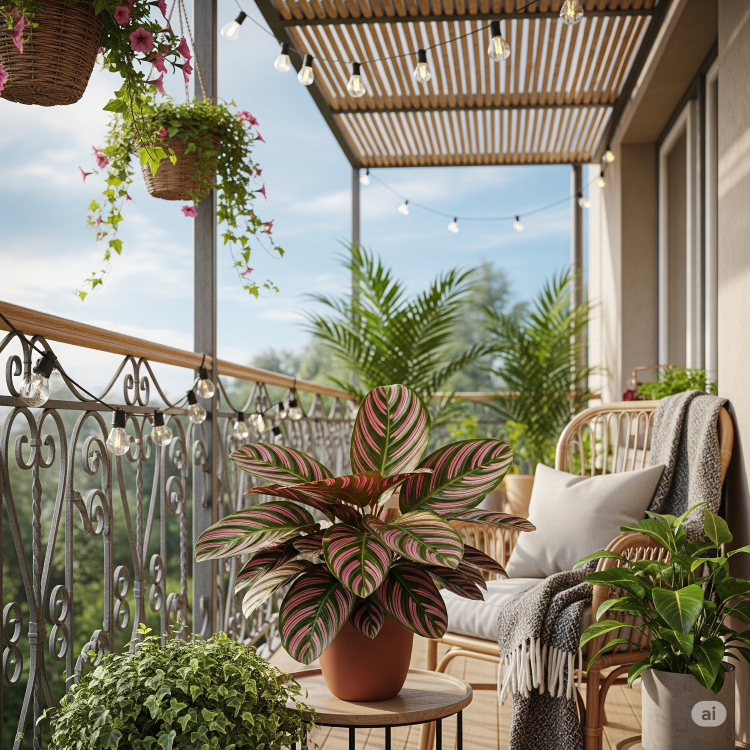 Maranta-Planta-5 Varanda aconchegante com uma grande planta Maranta de folhas em tons de verde e rosa em um vaso de terracota. A varanda tem cadeiras de vime, plantas suspensas e luzes, com uma bela vista.