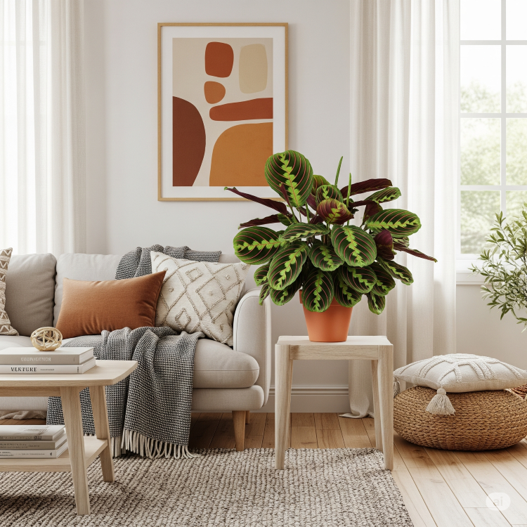 Maranta-Planta-4 Sala de estar clara com sofá cinza, almofadas e manta. Em primeiro plano, uma planta Maranta, com folhas em tons de verde e desenhos roxos, em um vaso de terracota. A planta está sobre um pequeno banco de madeira.