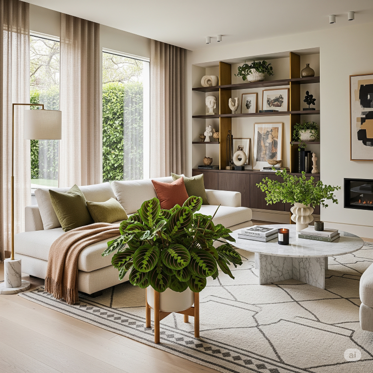 Maranta-Planta-7 Sala de estar moderna e aconchegante com sofá branco, mesa de centro de mármore e tapete geométrico. Uma grande planta Maranta está em um vaso branco, sobre um suporte de madeira. Prateleiras com objetos de decoração completam o espaço.